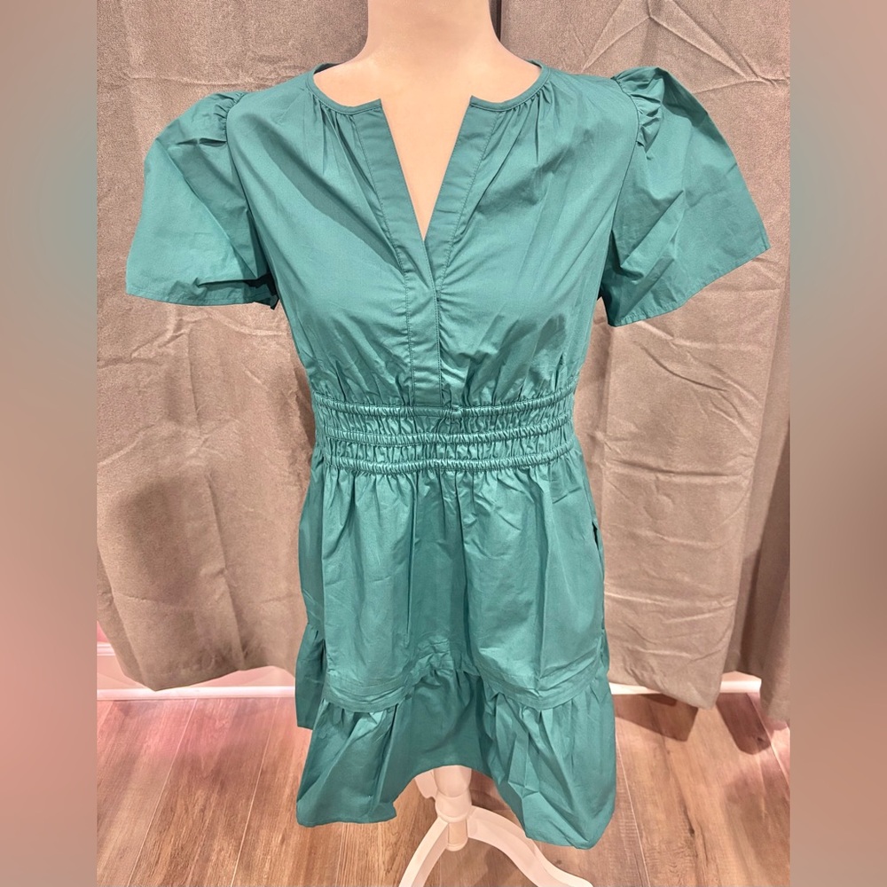 NWT Quince 100% Organic Cotton Poplin Tiered Mini Dress Small Green Casual
